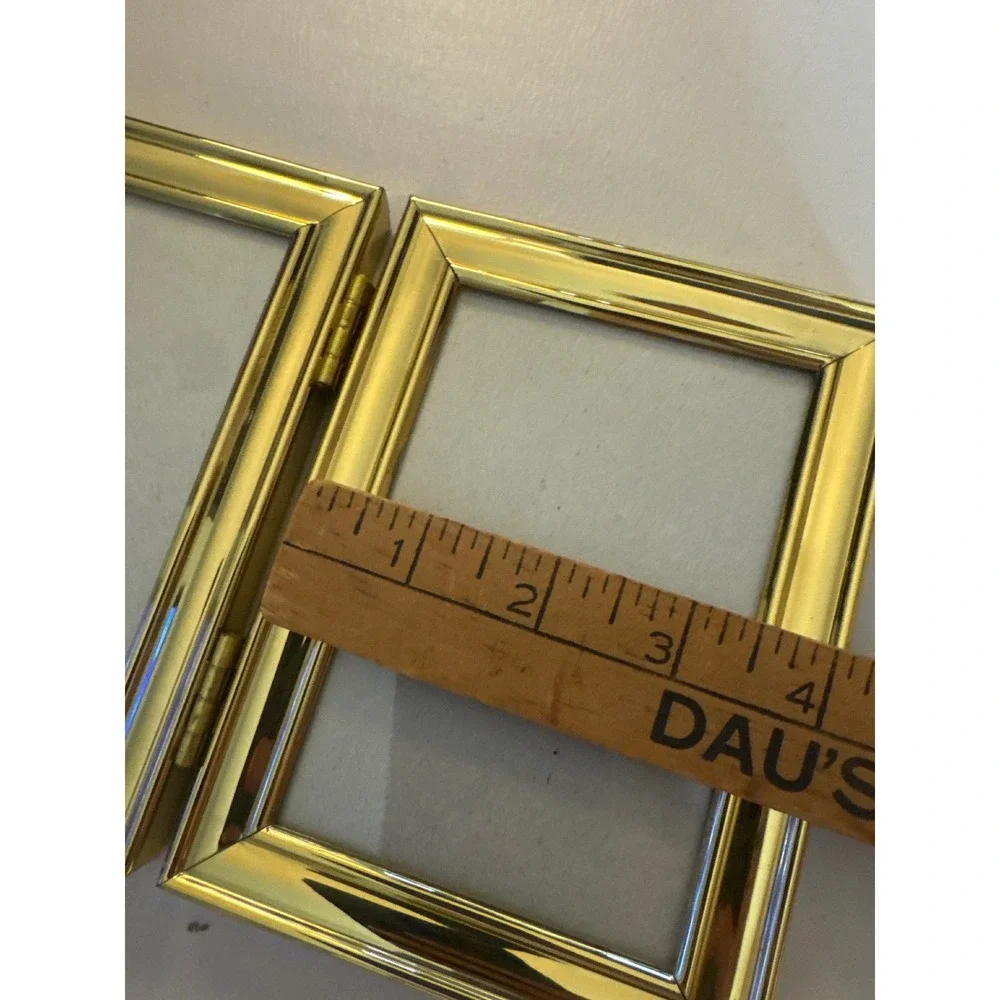 Vintage Gold Tone Hinged Double Picture Frame 3.5x5 Beveled Metal Tabletop Korea